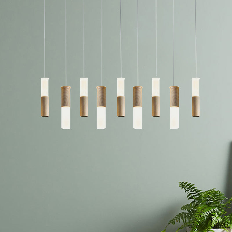 Contemporary Led Pendant Light With Wood Tubular Design For Kitchen Ceiling - Choose 1 5 7 Or 9