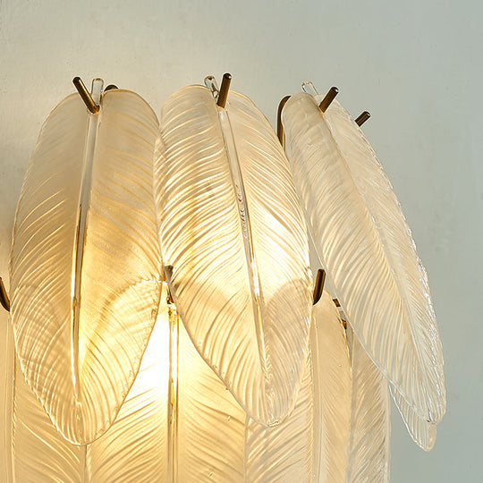 Art Deco Brass Finish Leaf Sconce Lamp - Clear Glass 2-Bulb Wall Mounted Light For Dining Room