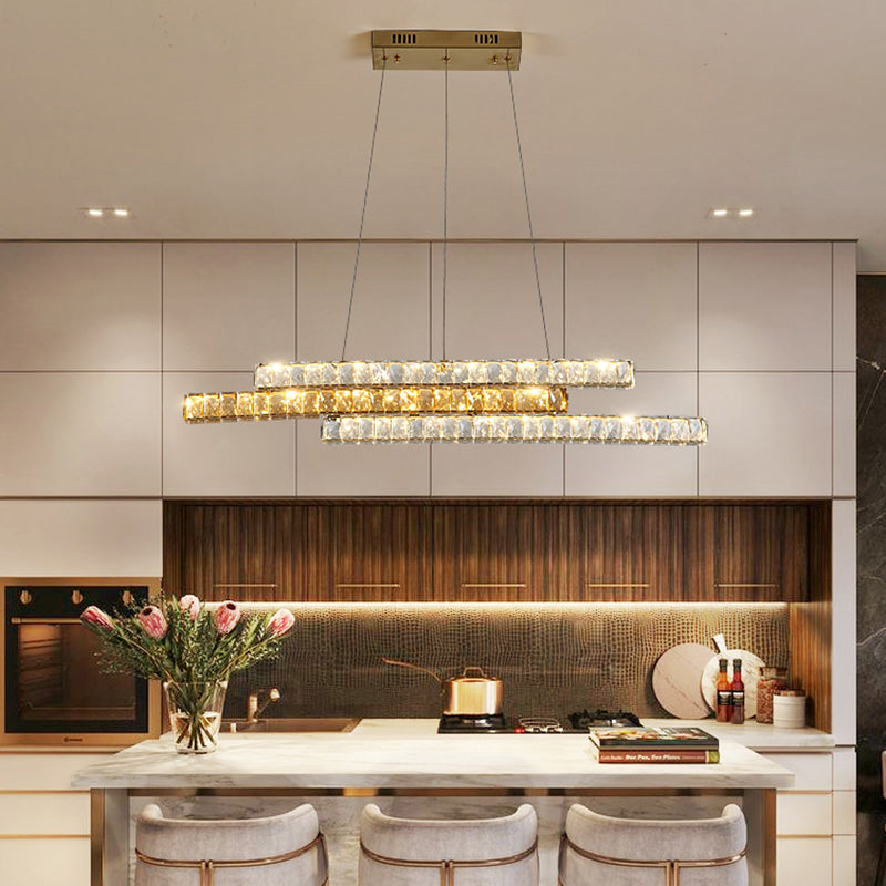 Gold Linear Island Pendant Light With Crystal Accents And Led Minimalist Design