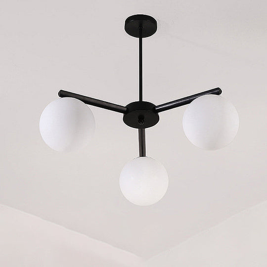 White Glass Globe Chandelier - Traditional Pendant Light With Sunburst Design In Black