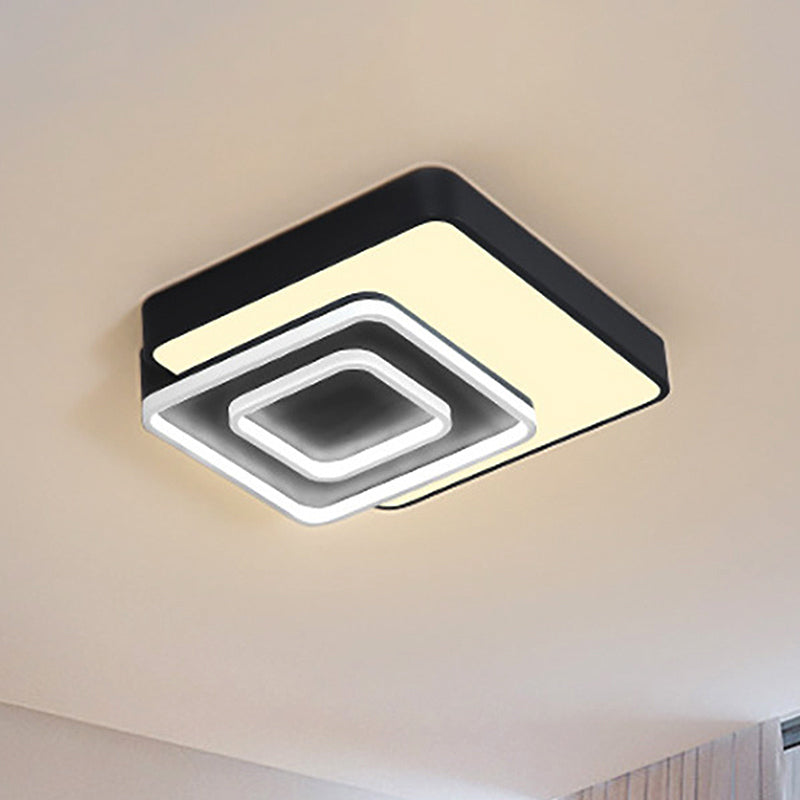 Contemporary LED Flush Mount Lighting, Black Square Acrylic Fixture, 15"/19" Wide, White/Warm Light