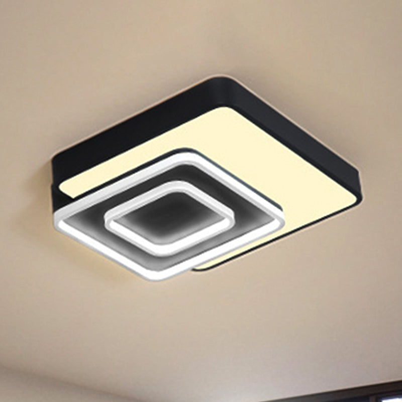 Contemporary LED Flush Mount Lighting, Black Square Acrylic Fixture, 15"/19" Wide, White/Warm Light