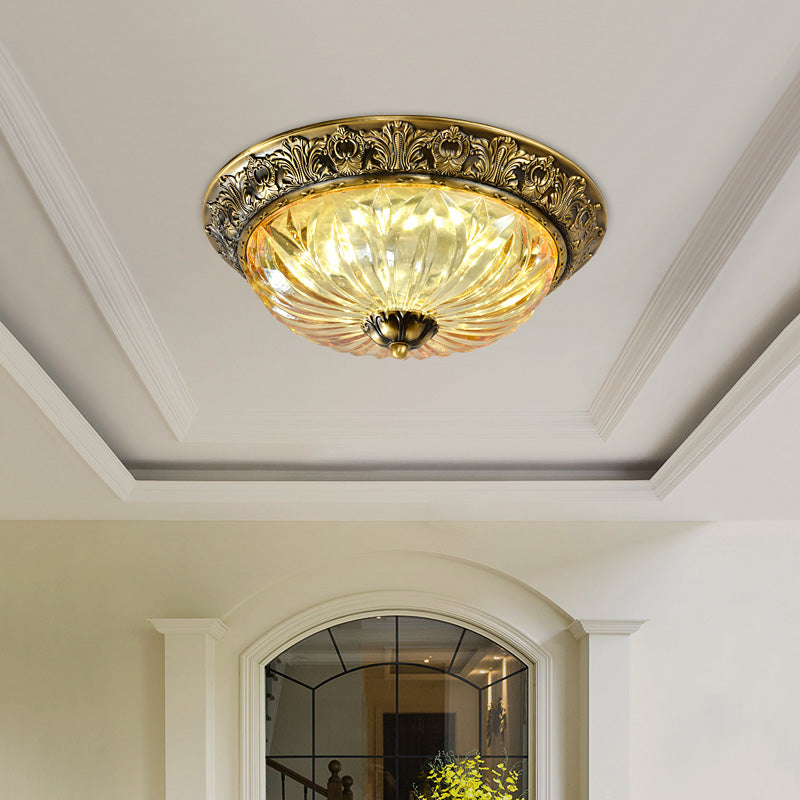 Antiqued Brass Bowl Ceiling Lamp: Traditional Carved Glass Flush Mount Light