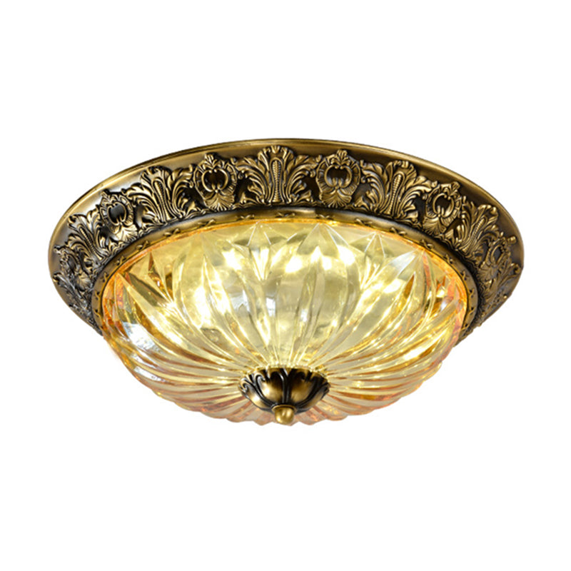 Antiqued Brass Bowl Ceiling Lamp: Traditional Carved Glass Flush Mount Light