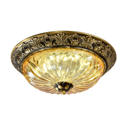 Antiqued Brass Bowl Ceiling Lamp: Traditional Carved Glass Flush Mount Light / 12