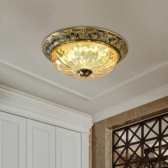 Antiqued Brass Bowl Ceiling Lamp: Traditional Carved Glass Flush Mount Light