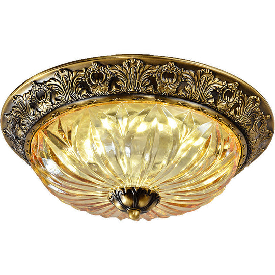 Antiqued Brass Bowl Ceiling Lamp: Traditional Carved Glass Flush Mount Light