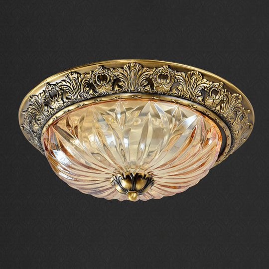 Antiqued Brass Bowl Ceiling Lamp: Traditional Carved Glass Flush Mount Light