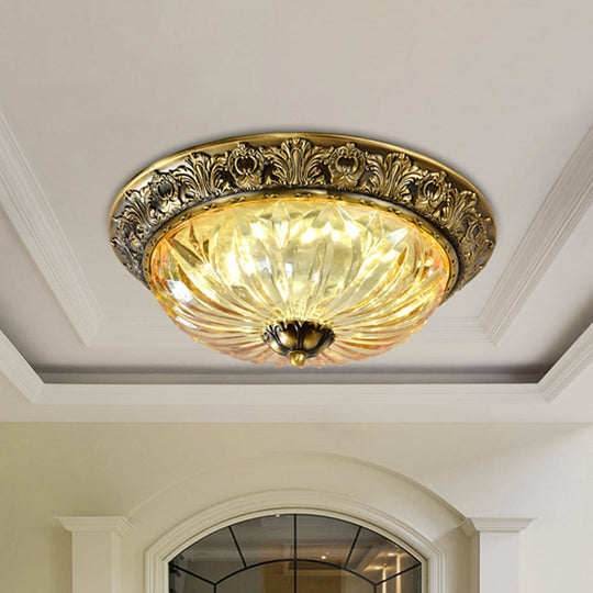 Antiqued Brass Bowl Ceiling Lamp: Traditional Carved Glass Flush Mount Light