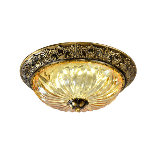 Antiqued Brass Bowl Ceiling Lamp: Traditional Carved Glass Flush Mount Light