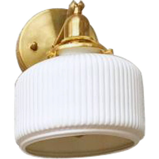 Brass Pivot Joint Foyer Sconce: Round Ribbed Glass Wall Light With White Simplicity (1 Bulb)