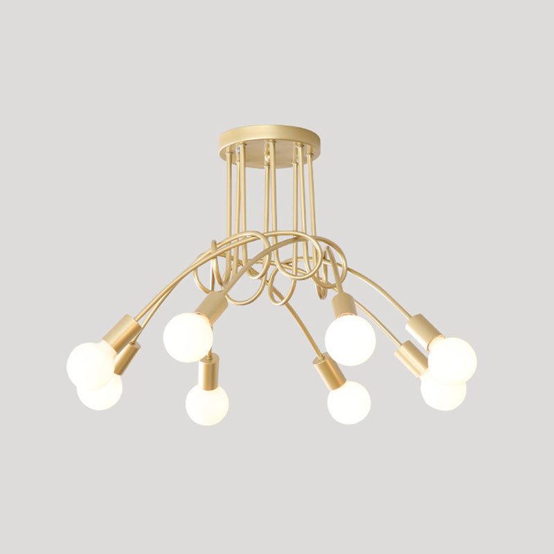 Loft Style Metal Flush Chandelier with Open Bulb Design for Bedroom Ceiling