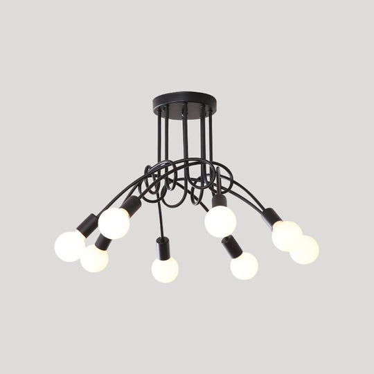 Loft Style Metal Flush Chandelier With Open Bulb Design For Bedroom Ceiling 8 / Black