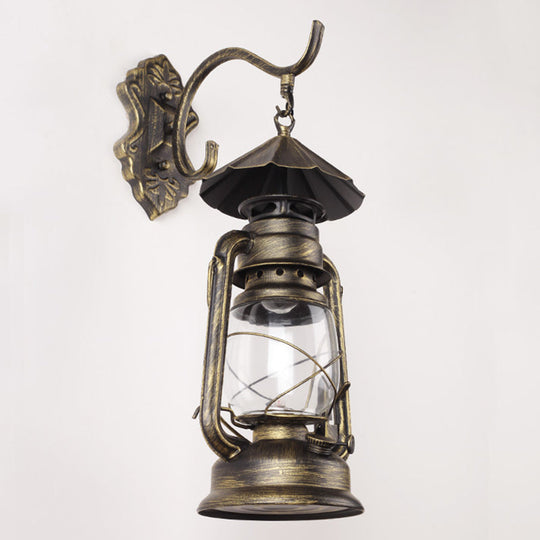 Antique Style Single-Bulb Oil Lantern Sconce: Clear Glass Wall Mount Light For Aisles Bronze /