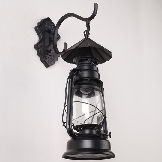 Antique Style Single-Bulb Oil Lantern Sconce: Clear Glass Wall Mount Light For Aisles Black /