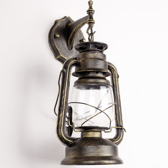 Antique Style Single-Bulb Oil Lantern Sconce: Clear Glass Wall Mount Light For Aisles Bronze /