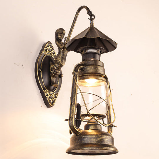 Antique Style Single-Bulb Oil Lantern Sconce: Clear Glass Wall Mount Light For Aisles Bronze /