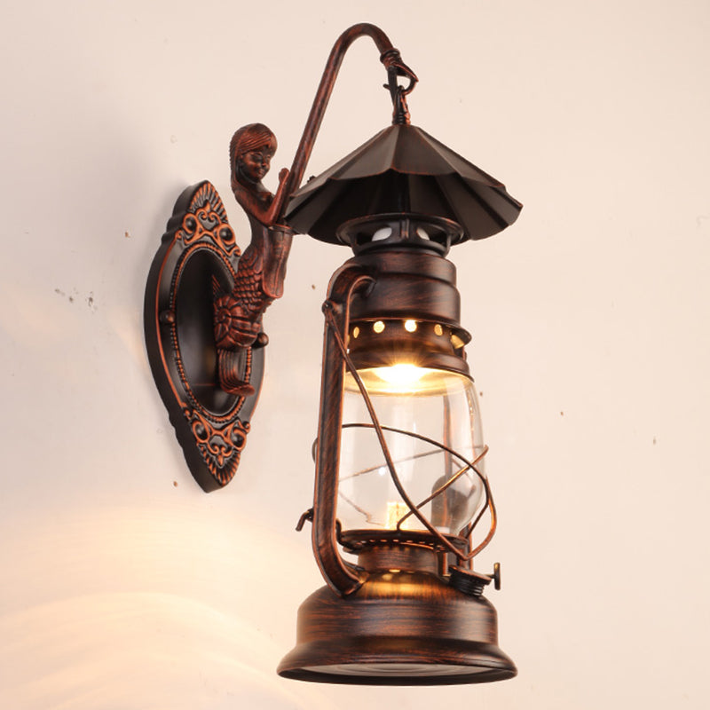 Antique Style Single-Bulb Oil Lantern Sconce: Clear Glass Wall Mount Light For Aisles Copper /