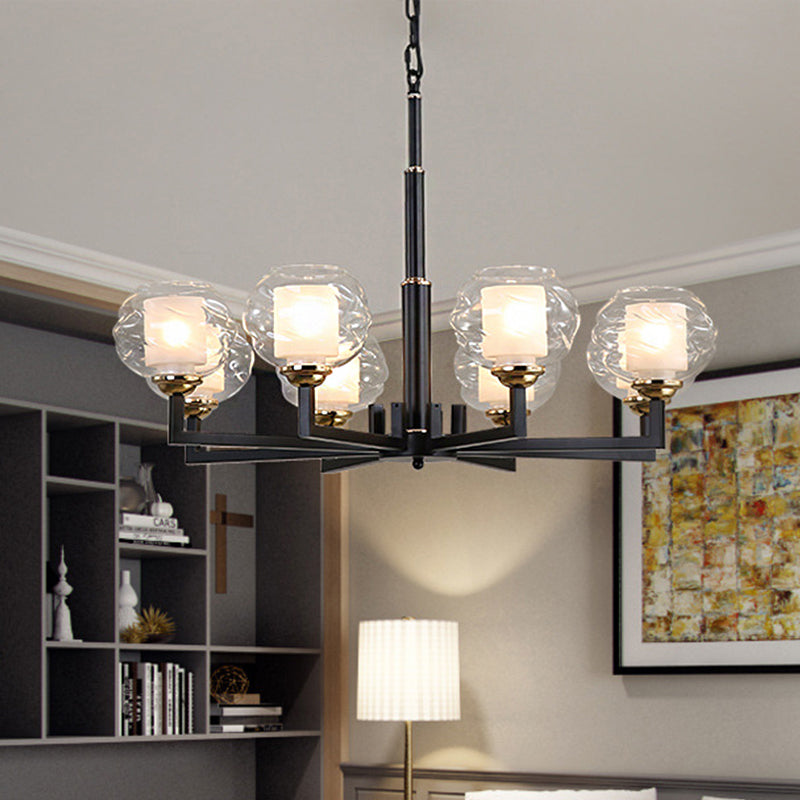 Traditional Black Ceiling Lamp - 3/6/8 Bulbs Clear Textured Glass Living Room Pendant Light