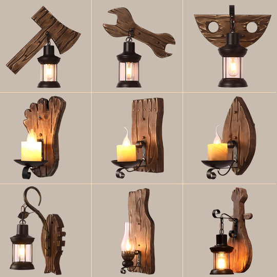 Rustic Wooden Geometric Wall Sconce - Brown 1-Light Mounted Light For Restaurants