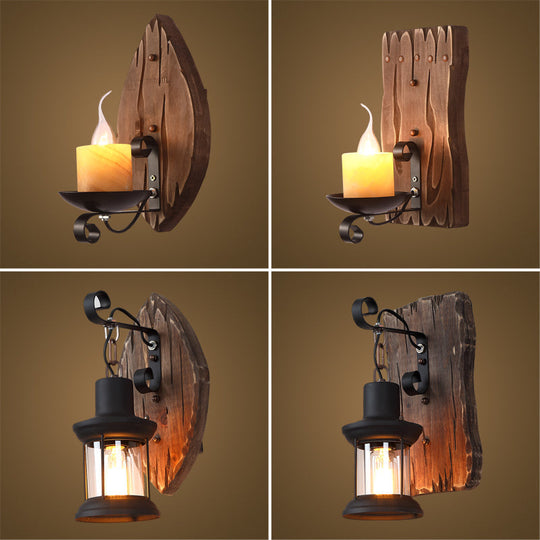 Rustic Wooden Geometric Wall Sconce - Brown 1-Light Mounted Light For Restaurants