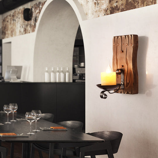 Rustic Wooden Geometric Wall Sconce - Brown 1-Light Mounted Light For Restaurants