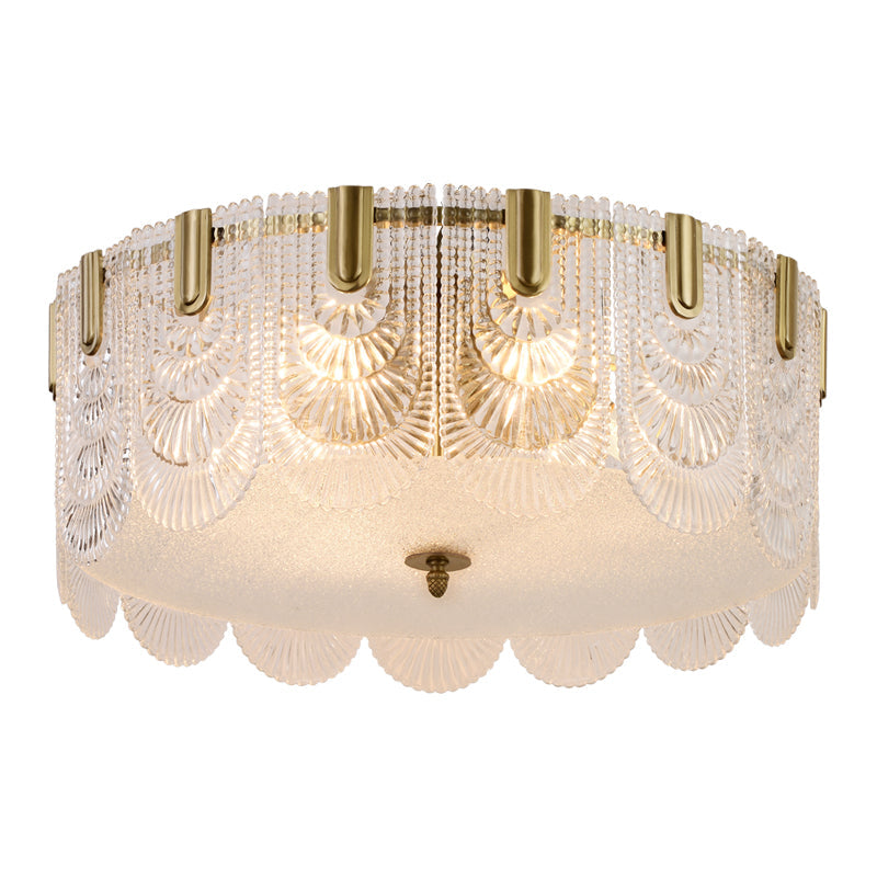 Clear Textured Glass Drum Ceiling Light With Scalloped Edge - Contemporary Flush Mount Fixture