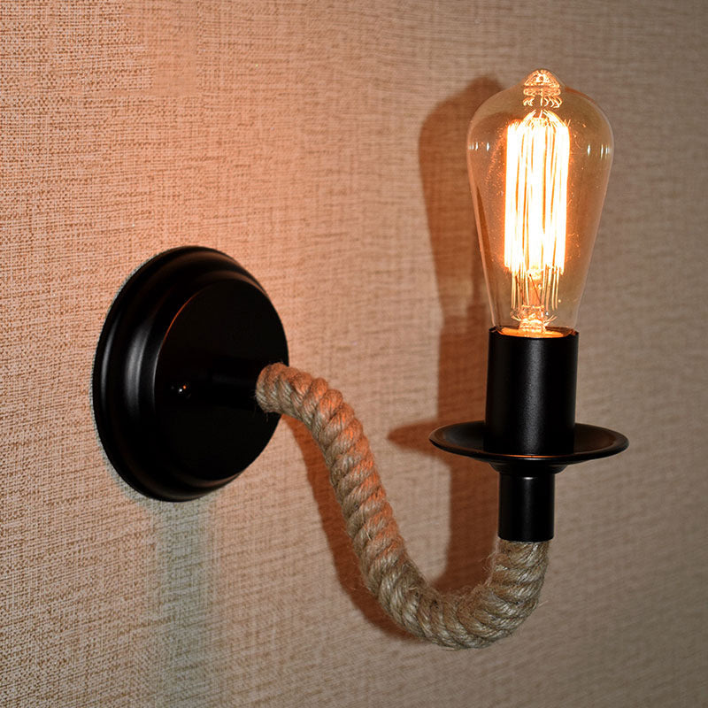 Black Metal Exposed Bulb Wall Sconce With Rope Wrapped Arm - Country Aisle Lighting