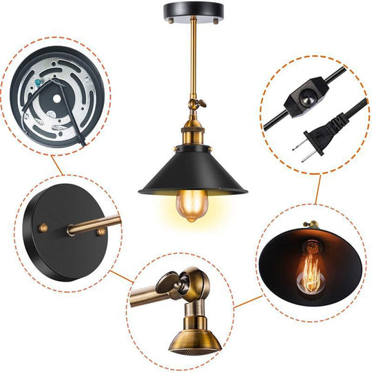 Industrial Conical Wall Light Sconce: Swivelable 1-Light Reading Lamp With Plug-In Cord