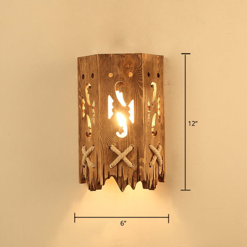 Geometric Country Style Wooden Wall Sconce - Brown Light Fixture For Corridor