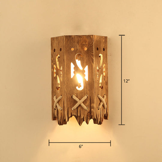 Geometric Country Style Wooden Wall Sconce - Brown Light Fixture For Corridor