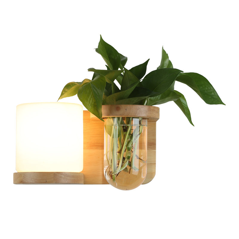 Art Deco Cream Glass Cube Sconce Lamp With Wood Wall Mount And Hydroponic Plant Pot