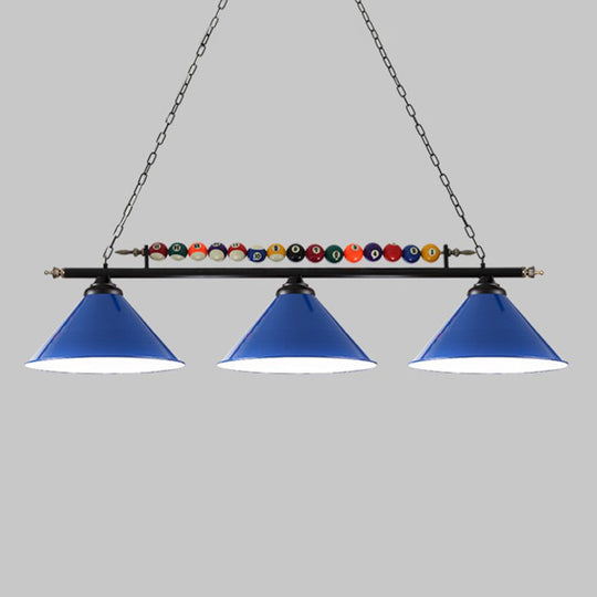 Iron Linear Island Ceiling Light With Cone Shade - Industrial Country Club Style 3 / Blue Straight