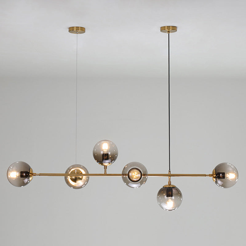 Postmodern Gold Finish Dining Room Island Lighting Pendant With Ball Glass Shade - 6 Bulbs Smoke