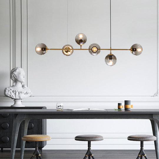 Postmodern Gold Finish Dining Room Island Lighting Pendant With Ball Glass Shade - 6 Bulbs