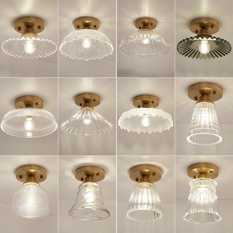 Brass Semi Flush Mount Ceiling Light for Aisle: Textured Glass, 1-Light, Industrial Style