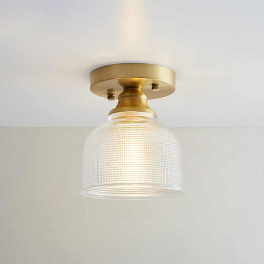 Brass Semi Flush Mount Ceiling Light for Aisle: Textured Glass, 1-Light, Industrial Style