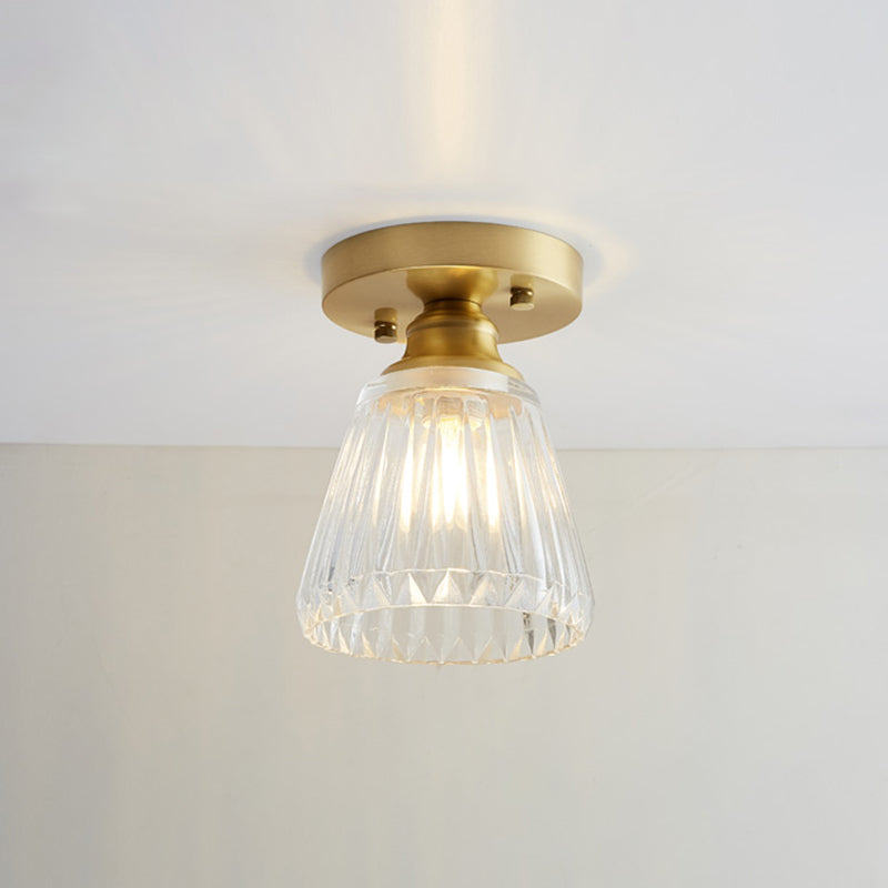 Brass Semi Flush Mount Ceiling Light for Aisle: Textured Glass, 1-Light, Industrial Style