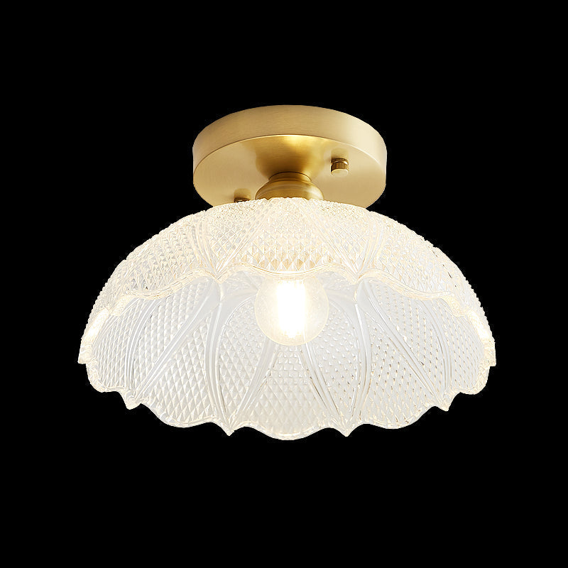 Brass Semi Flush Mount Ceiling Light for Aisle: Textured Glass, 1-Light, Industrial Style