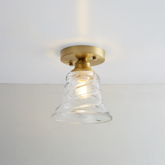 Brass Semi Flush Mount Ceiling Light For Aisle: Textured Glass 1-Light Industrial Style / Bell