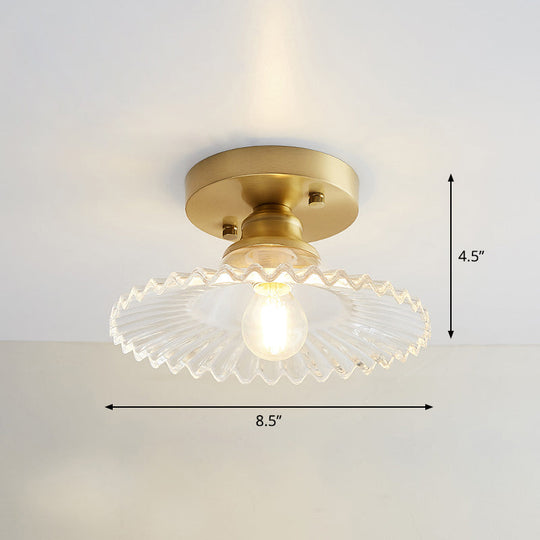 Brass Semi Flush Mount Ceiling Light for Aisle: Textured Glass, 1-Light, Industrial Style