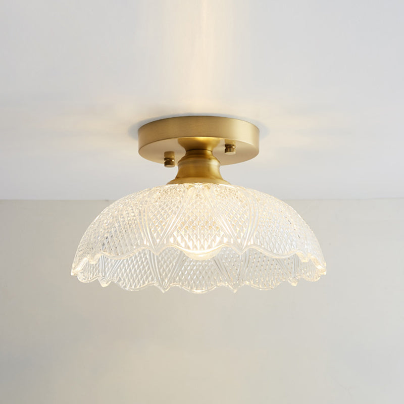 Brass Semi Flush Mount Ceiling Light For Aisle: Textured Glass 1-Light Industrial Style / Umbrella