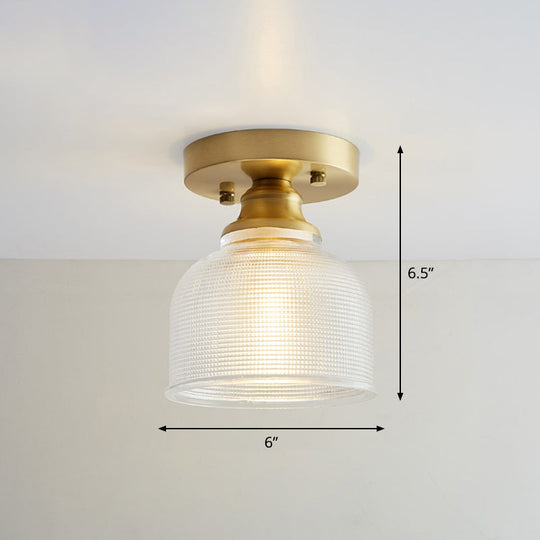 Brass Semi Flush Mount Ceiling Light for Aisle: Textured Glass, 1-Light, Industrial Style