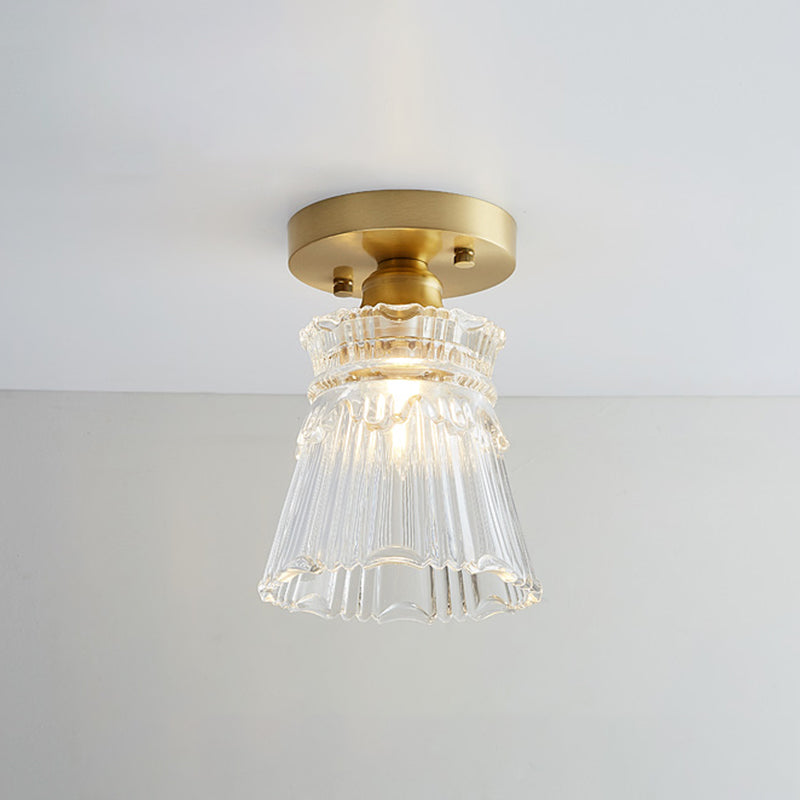 Brass Semi Flush Mount Ceiling Light for Aisle: Textured Glass, 1-Light, Industrial Style