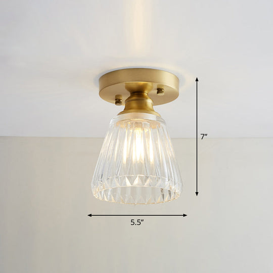 Brass Semi Flush Mount Ceiling Light for Aisle: Textured Glass, 1-Light, Industrial Style