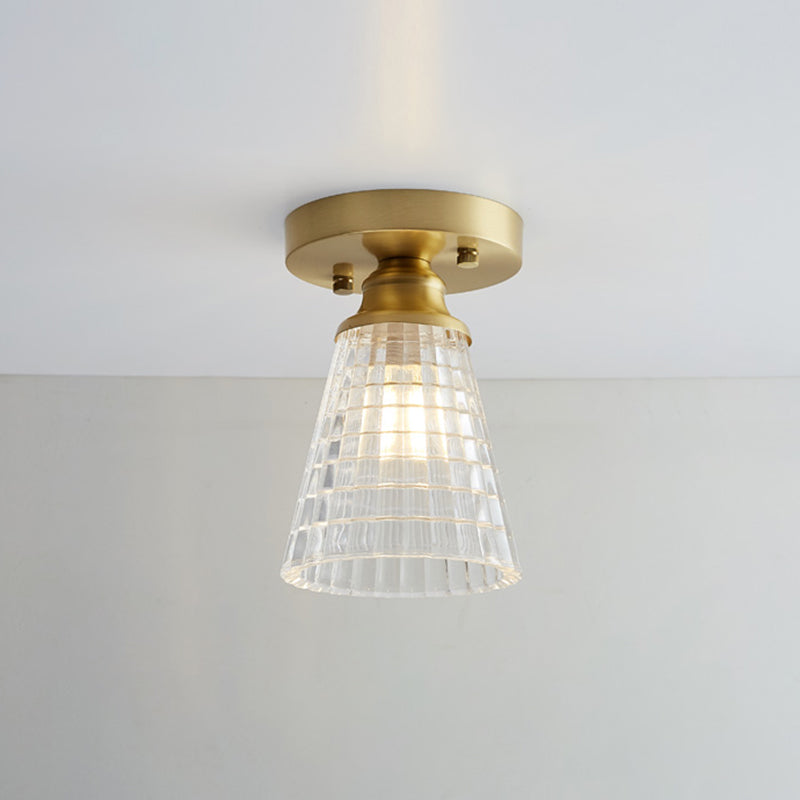 Brass Semi Flush Mount Ceiling Light for Aisle: Textured Glass, 1-Light, Industrial Style