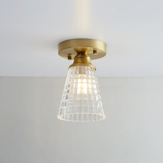 Brass Semi Flush Mount Ceiling Light For Aisle: Textured Glass 1-Light Industrial Style / Trumpet