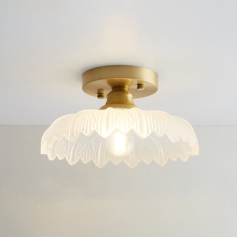 Brass Semi Flush Mount Ceiling Light For Aisle: Textured Glass 1-Light Industrial Style / Flower