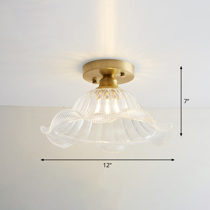 Brass Semi Flush Mount Ceiling Light For Aisle: Textured Glass 1-Light Industrial Style