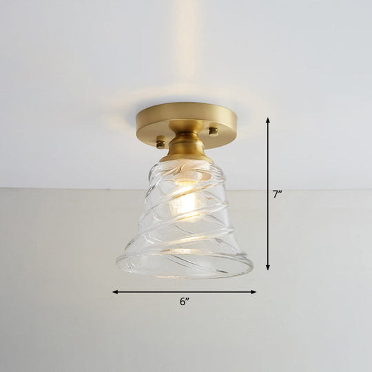 Brass Semi Flush Mount Ceiling Light for Aisle: Textured Glass, 1-Light, Industrial Style